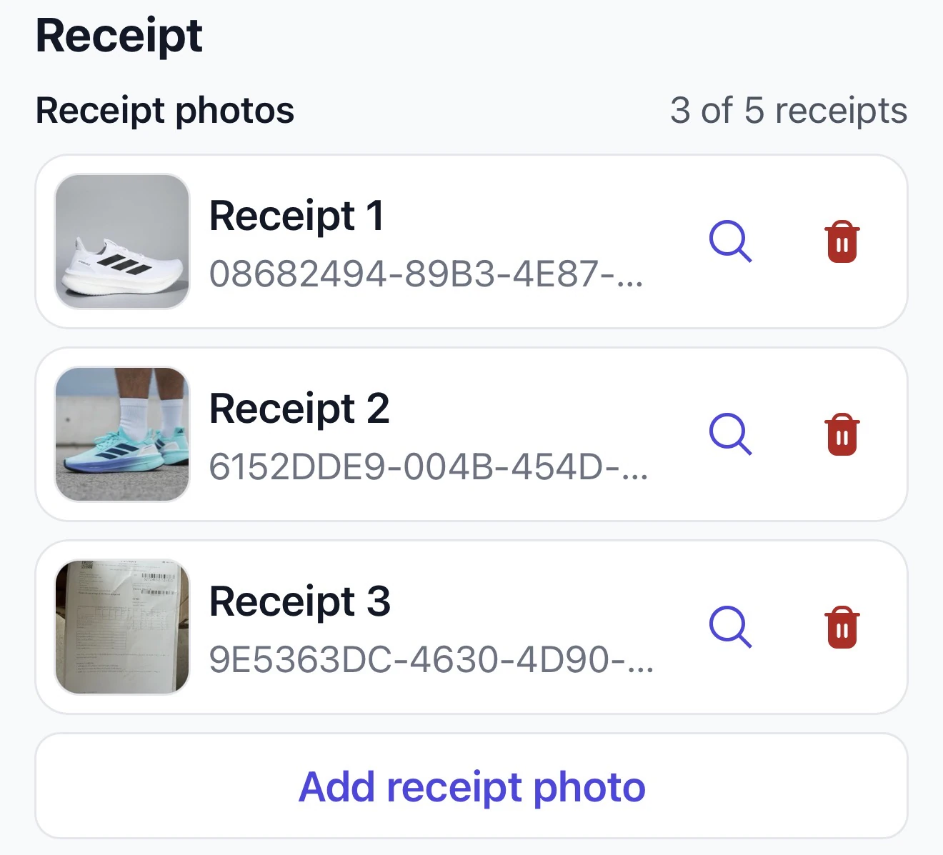ReturnPing receipt screen showing three attached receipt photos