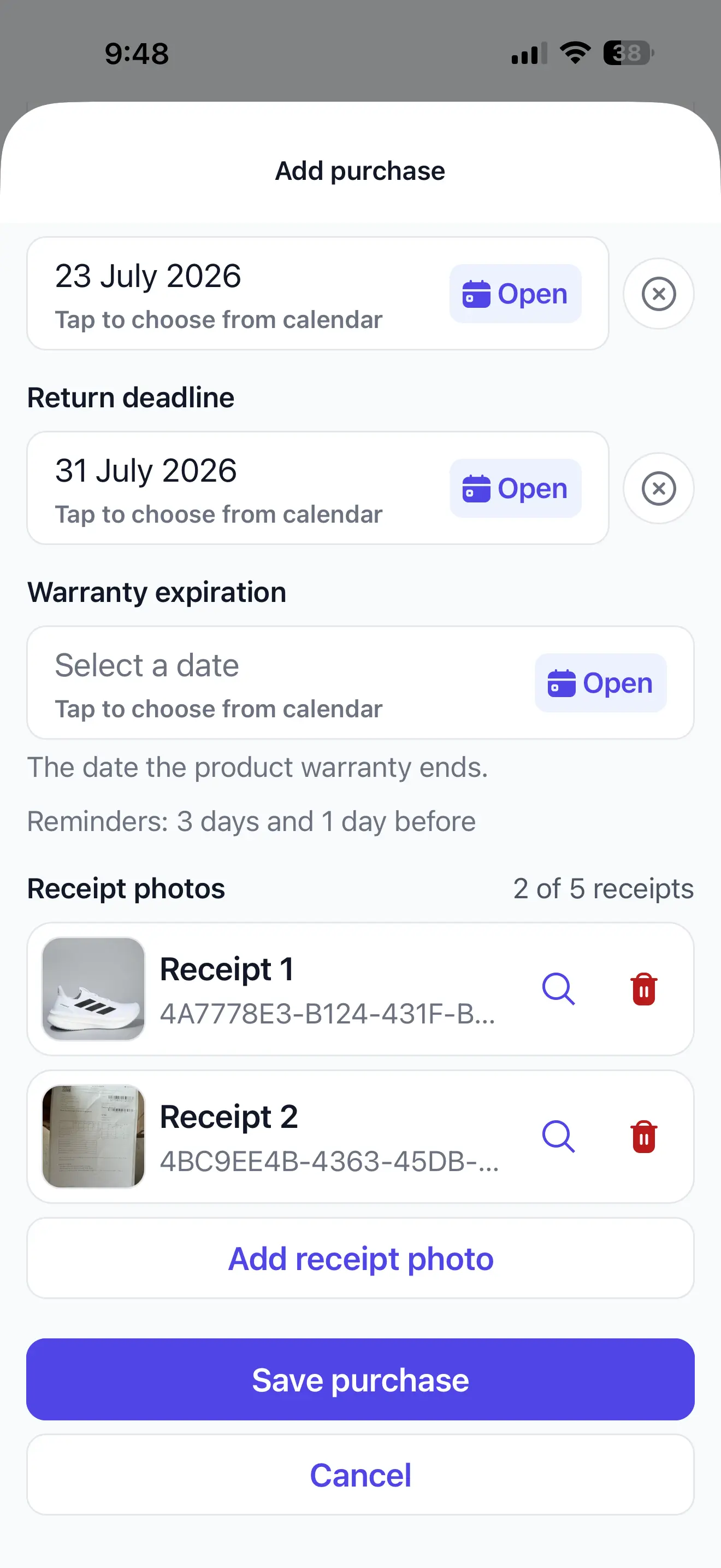 ReturnPing add purchase screen showing two selected receipt photos